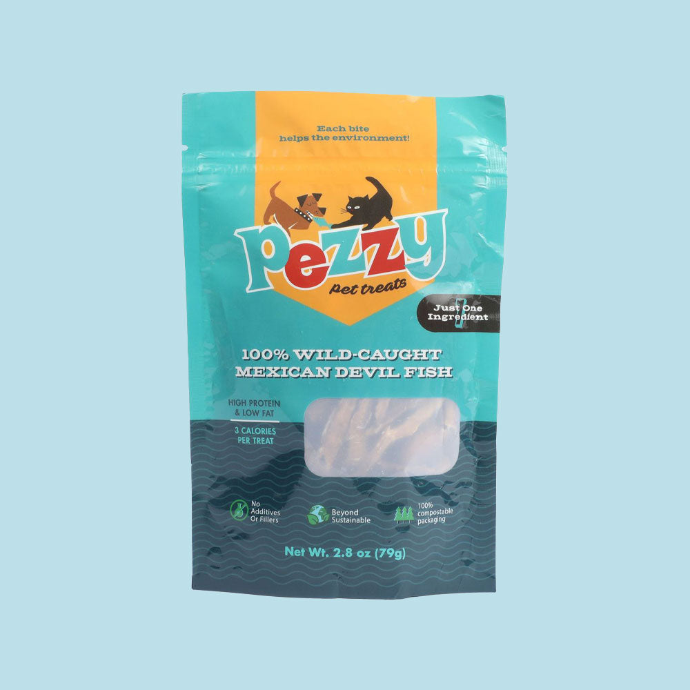 Pack of Pezzy single ingredient devil fish strips in kraft bag with transparent window.