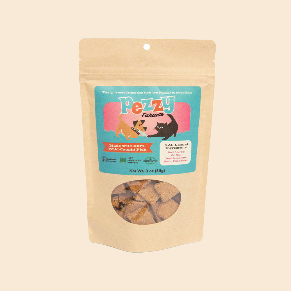 Pack of Pezzy Fishcuits (pet treat cookies) in kraft bag with transparent window.